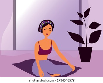 A beautiful young girl meditating on the floor vector illustration. A sporty girl is relaxing in silence. A peaceful atmosphere for meditation and breathing exercises. A full body relaxation. 