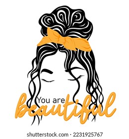 Beautiful young girl with messy bun hairstyle sketch. Vector fashion illustration.