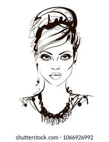 Beautiful young girl model for design, fashion, style, beauty. Graphic, sketch drawing.