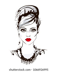 Beautiful young girl model for design, fashion, style, beauty. Graphic, sketch drawing.