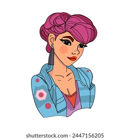 A beautiful young girl with a modern hairstyle. Multicoloured hair. Fashion illustration of a girl