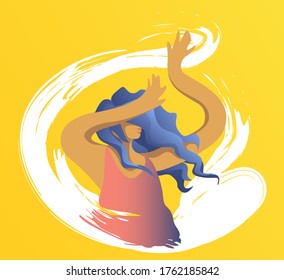 A beautiful young girl in motion is inherited by music. Free dance, hair develops. The concept of movement of people to your favorite music.