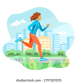 Beautiful young girl on a jogging in the city. Vector illustration.