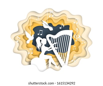 Beautiful young girl playing harp, vector illustration in paper art craft style. Woman harpist musician silhouette with doves, musical notes.