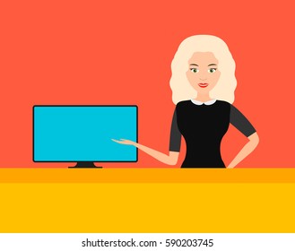 beautiful young girl points to the computer monitor. business, sale, paperwork, reception, registration, booking. vector illustration.