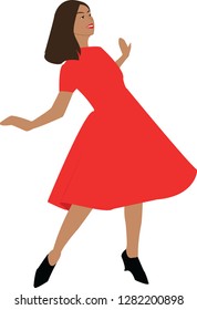 Beautiful and young girl posing and dancing in a red dress. Stylish girl smiling, she is happy, she is in a good mood. Vector illustration on white background.