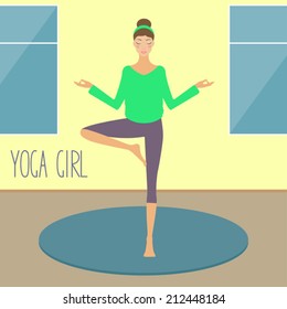 Beautiful young girl practicing yoga in the gym. Vector illustration for card, book, scrapbook, invitation, banner, placard, album, invitation etc.