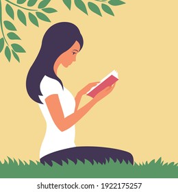 Beautiful young girl reads a book in nature. Sits on the green grass under the foliage of a tree. Vector cartoon illustration.