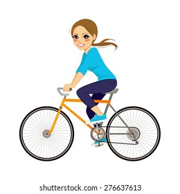 Beautiful young girl riding bicycle happy side profile view