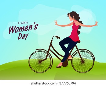 Beautiful young girl riding bicycle without using her hands on nature background for Happy Women's Day celebration.