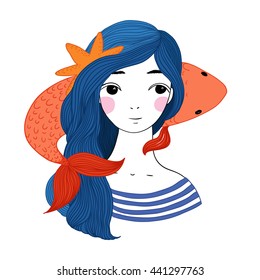 Beautiful young girl sailor and the Japanese carp. Starfish in the hair. Hand drawing isolated objects on white background. Vector illustration.