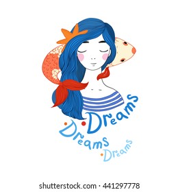 Beautiful young girl sailor and the Japanese carp. Starfish in the hair. Hand drawing isolated objects on white background. Vector illustration. Phrase Dreams