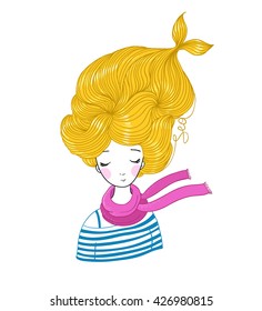 Beautiful young girl sailor. Sea theme. Hand drawing isolated objects on white background. Vector illustration. 