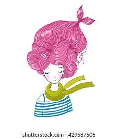 Beautiful young girl sailor. Sea theme. Hand drawing isolated objects on white background. Vector illustration. 