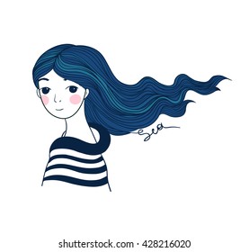 Beautiful young girl sailor with the ship in her hair. Sea theme. Hand drawing isolated objects on white background. Vector illustration. 