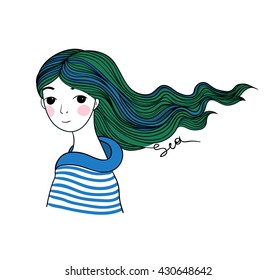 Beautiful young girl sailor with the ship in her hair. Sea theme. Hand drawing isolated objects on white background. Vector illustration. 
