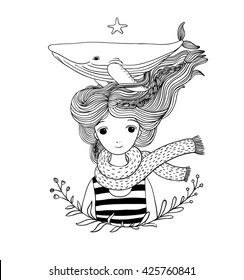 Beautiful young girl sailor with a whale in her hair.  Sea animals.
Hand drawing isolated objects on white background. Vector illustration. Coloring book