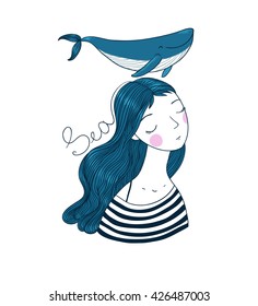 Beautiful young girl sailor with a whale. Sea animals. Hand drawing isolated objects on white background. Vector illustration. 