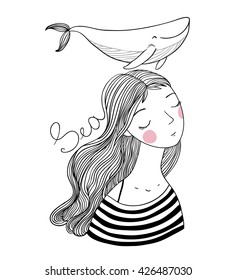 Beautiful young girl sailor with a whale. Sea animals. Hand drawing isolated objects on white background. Vector illustration. Coloring book