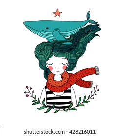Beautiful young girl sailor with a whale in her hair. Sea animals. Hand drawing isolated objects on white background. Vector illustration.