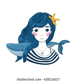 Beautiful young girl sailor with a whale and star in her hair. Hand drawing isolated objects on white background. Vector illustration.