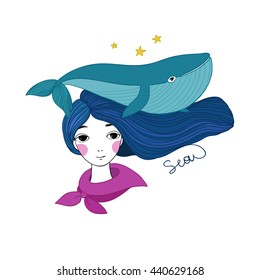Beautiful young girl sailor with a whale. Sea animals. Hand drawing isolated objects on white background. Vector illustration.