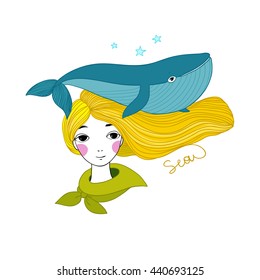 Beautiful young girl sailor with a whale. Sea animals. Hand drawing isolated objects on white background. Vector illustration.
