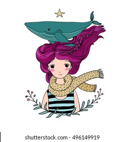 Beautiful young girl sailor with a whale in her hair. Sea animals.  isolated objects on white background. Vector illustration.