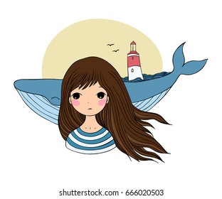 Beautiful young girl sailor with a whale. Landscape with a lighthouse and seagulls. isolated objects on white background. Vector illustration. 