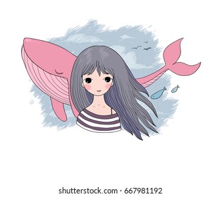 Beautiful young girl sailor with a whale. Isolated objects on white background. Vector illustration.