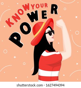 Beautiful Young Girl Saying Know Your Power on Orange Pastel Background.