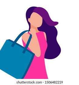 Beautiful young girl with shopping bag. Buyer, shopper. Vector illustration