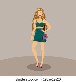 Beautiful young girl in a short dress with a bag. Character on a monochrome background.