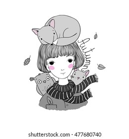 Beautiful young girl with short hair, a fox, a cat and an owl. Hand drawing isolated objects on white background. Vector illustration. 