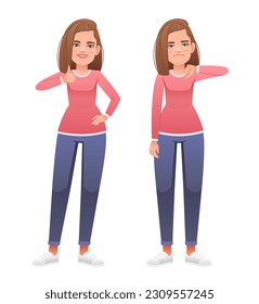 A beautiful young girl shows a gesture of approval and disapproval. Likes and dislikes. Good and bad. Vector illustration in cartoon style on a white background.