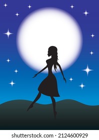 Beautiful young girl silhouette on dark night sky and moonlight background. Vector illustration.