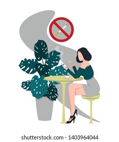 Beautiful young girl sits in a cafe with a phone, drinks coffee and smokes a cigarette. Flat vector illustration.