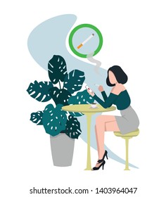 Beautiful young girl sits in a cafe with a phone, drinks coffee and smokes a cigarette. Flat vector illustration.