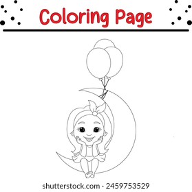 beautiful young girl sitting crescent moon coloring book page for kids