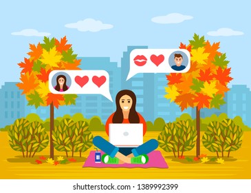 Beautiful young girl sitting in the park in autumn with a laptop in online love correspondence. concept of online dating and dating blindly. vector illustration
