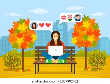 Beautiful young girl sitting in the park in autumn with a laptop in online love correspondence. concept of online dating and dating blindly. vector illustration
