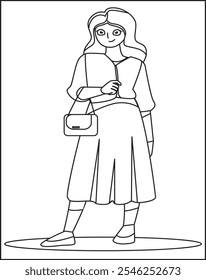 Beautiful young girl in a skirt on a white background Coloring Page For Kids.