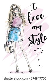 Beautiful young girl with slogan about style. Hand drawn fashion woman. Sketch. Vector illustration.