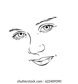Beautiful young girl smiling face, Vector sketch, Hand drawn illustration Line art