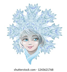 Beautiful young girl snow maiden isolated on white background. Character of Russian folklore. Sketch of Christmas invitation. Vector cartoon close-up illustration