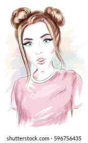 Beautiful young girl with stylish hairstyle. Sketch. Vector illustration.