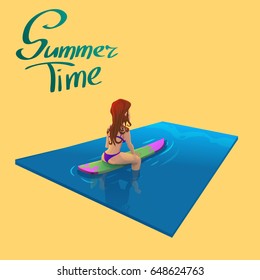 Beautiful young girl surfer character sitting on a board in the sea. Vector illustration of summer time.