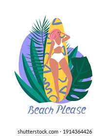 Beautiful young girl surfer with surfboard in tropical paradise, summer vacation adventure.
Vector cartoon character. Vector design illustration for web design development.