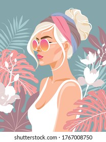 Beautiful young girl surrounded by leaves and flowers. Fashion vector illustration.