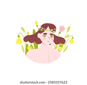 Beautiful young girl surrounded by flowers in circle frame. Hand drawn flat cartoon vector character isolated on white background. Concept of wellness, self love, acceptance